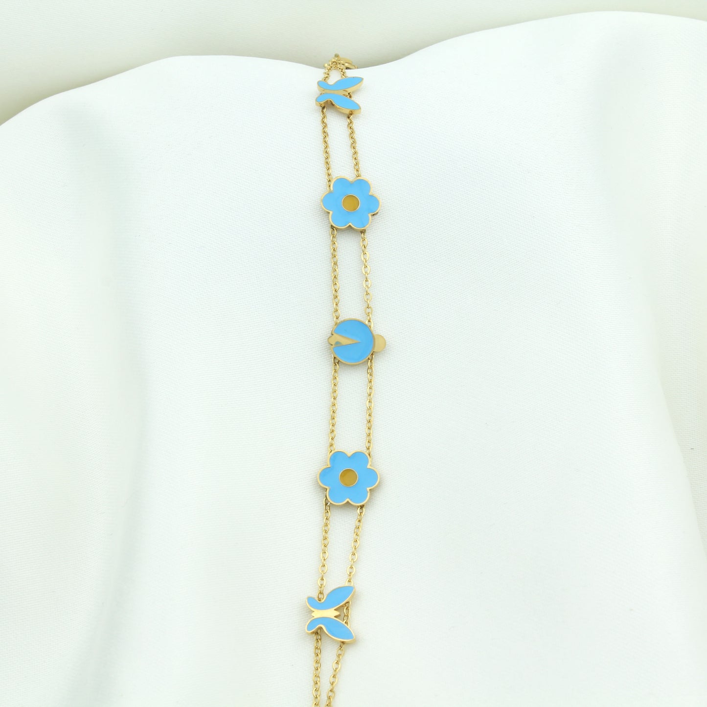 Gold Color Steel Women's Bracelet with Blue Floral Butterfly - BRP36