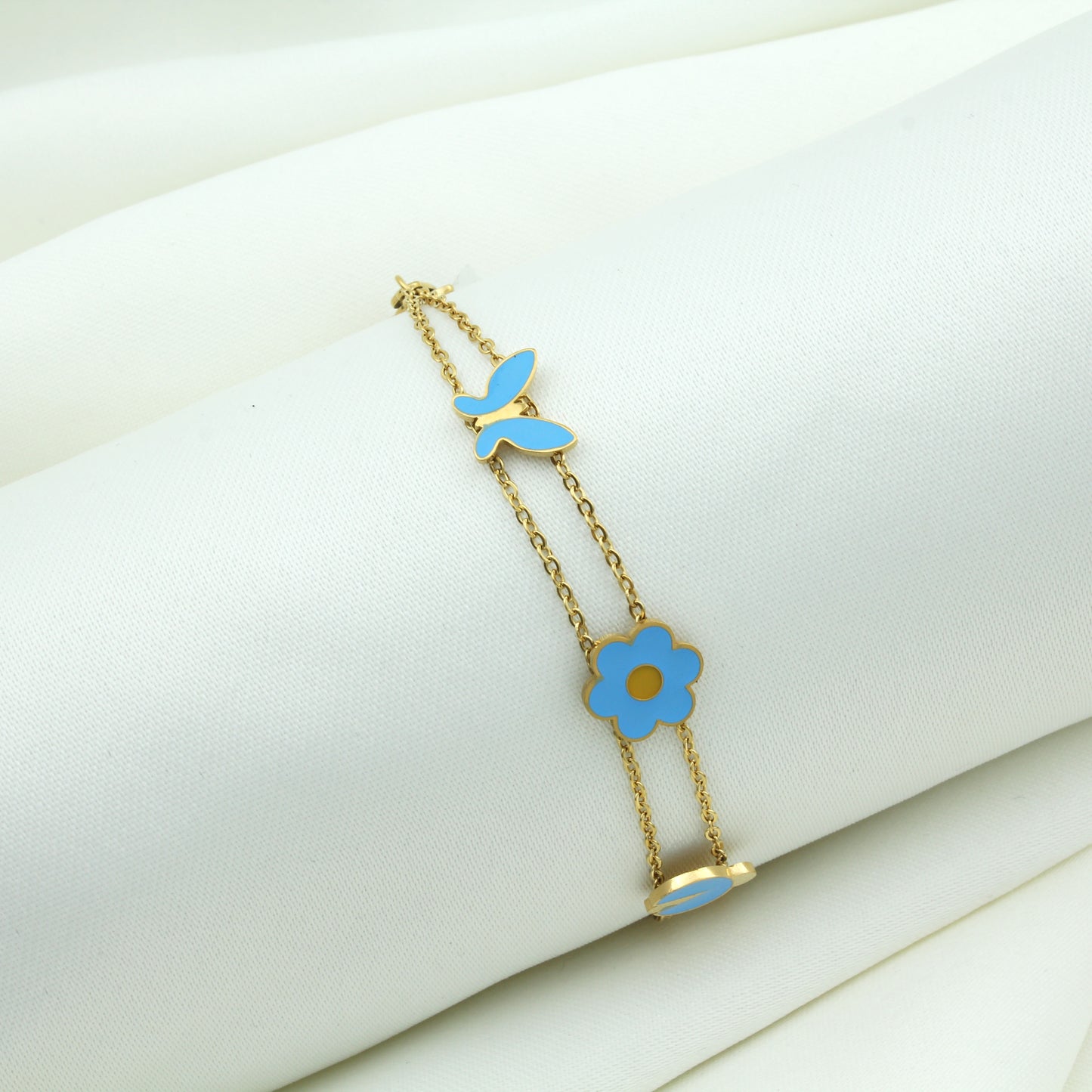 Gold Color Steel Women's Bracelet with Blue Floral Butterfly - BRP36
